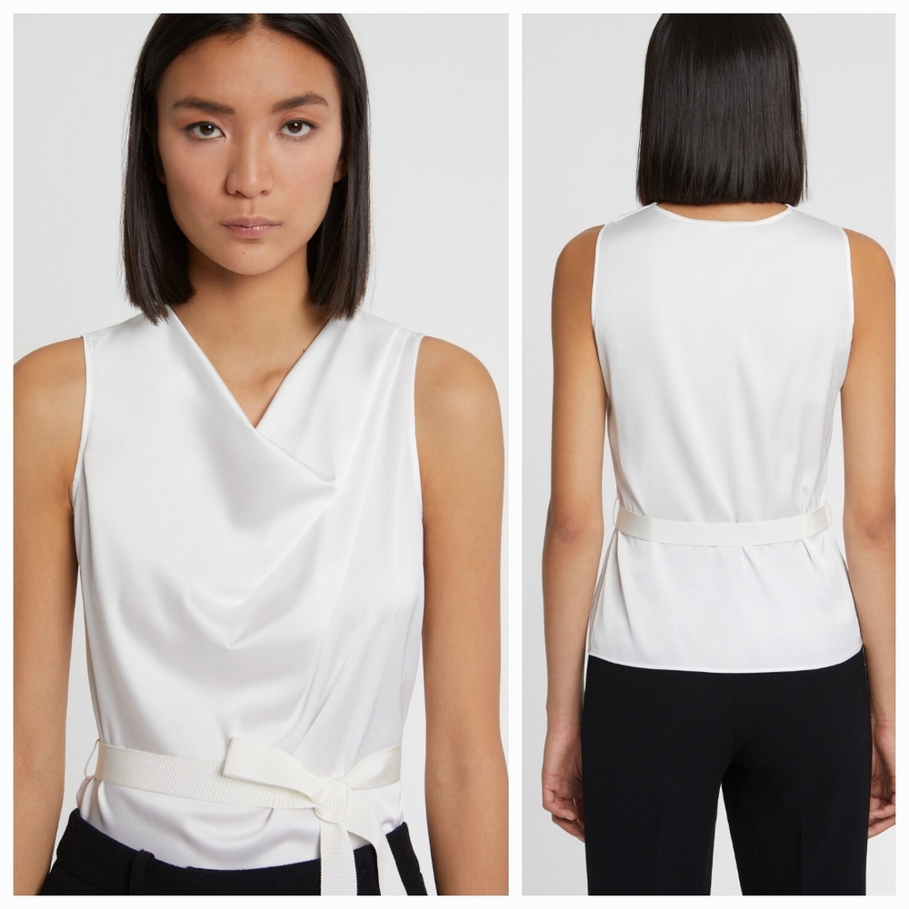 NWT Paule Ka Paris Womens Off White Raso Draped Sleeveless Blouse Top Size S